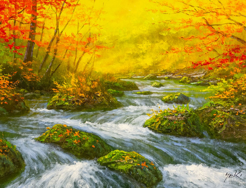 奥入瀬紅葉」尤勁東 ヨウ・ジンドンの絵画、油絵 奥入瀬紅葉」尤勁東