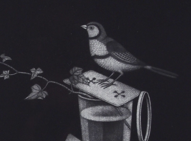 長谷川潔 「飼い馴らされた小鳥（西洋将棋など）」（オリジナル版画