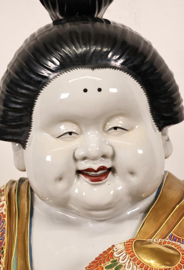 九谷焼 八幡窯 色絵金彩龍図 お多福 像 お福 置物 高さ約77cm