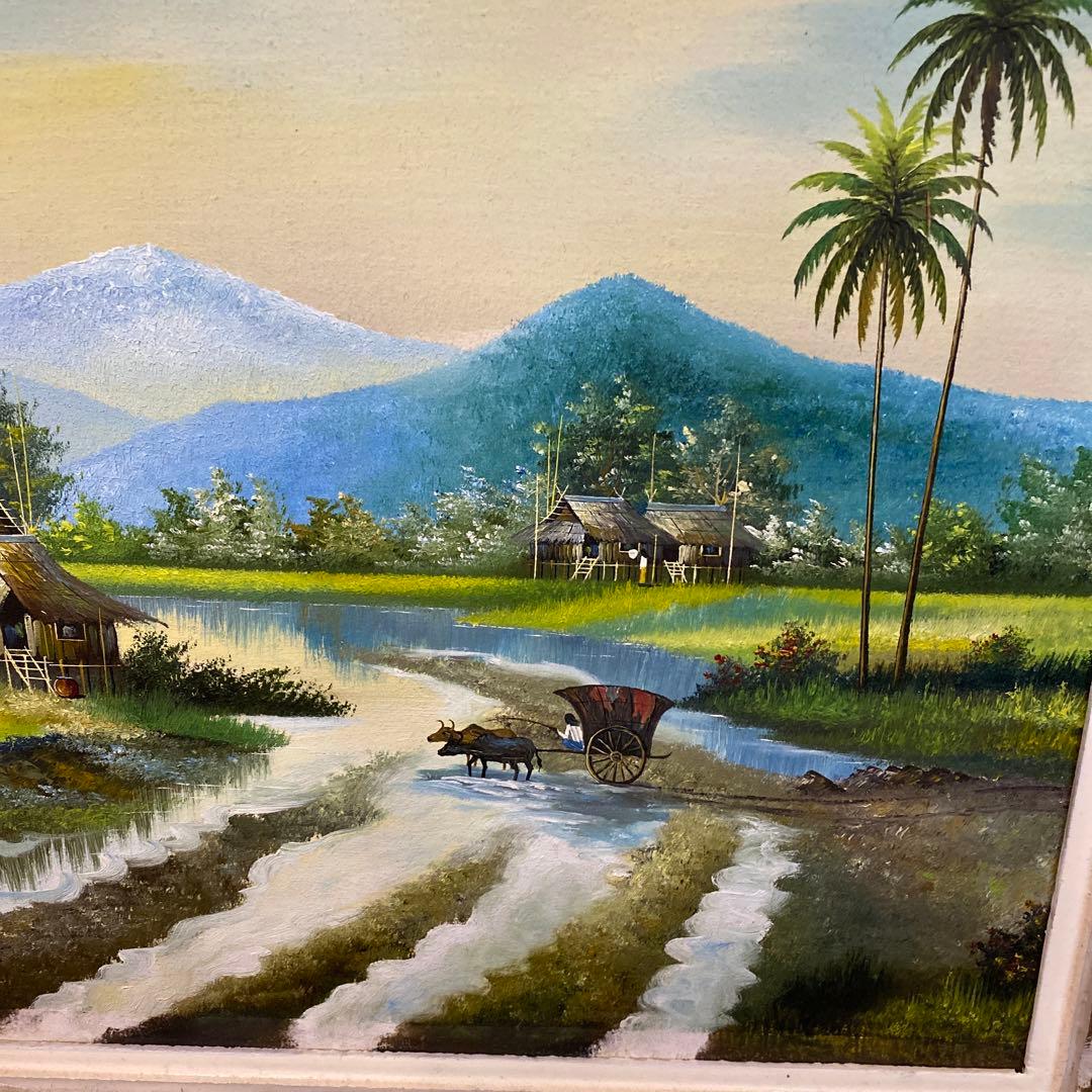 額縁付き日本田舎風景画 水彩画