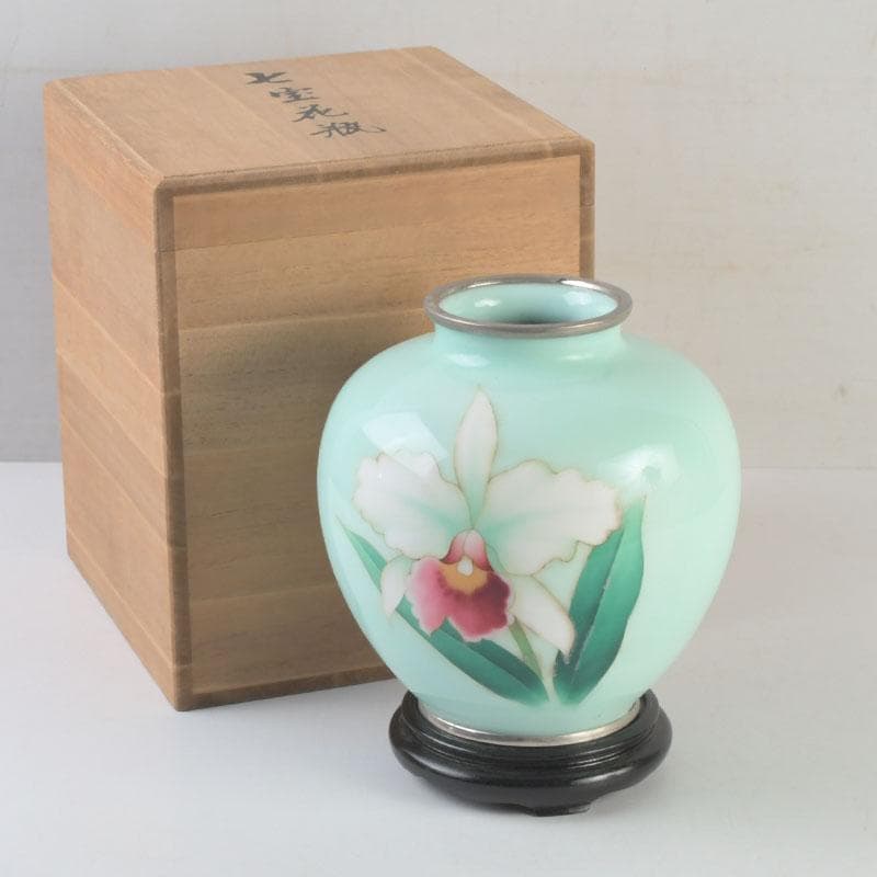 七宝焼　花文　花瓶　唐木台付　共箱　V　9254 七宝焼 花文 花瓶 唐木台付 共箱 V 9254 花瓶｜2寸玉