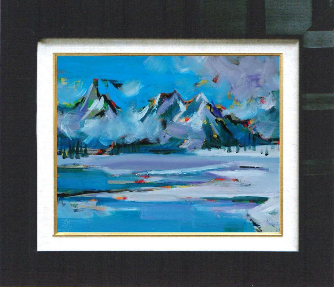 油絵 菅家令子 絵 絵画インテリア額付(青緑＋金色の枠)uF6-062903風景