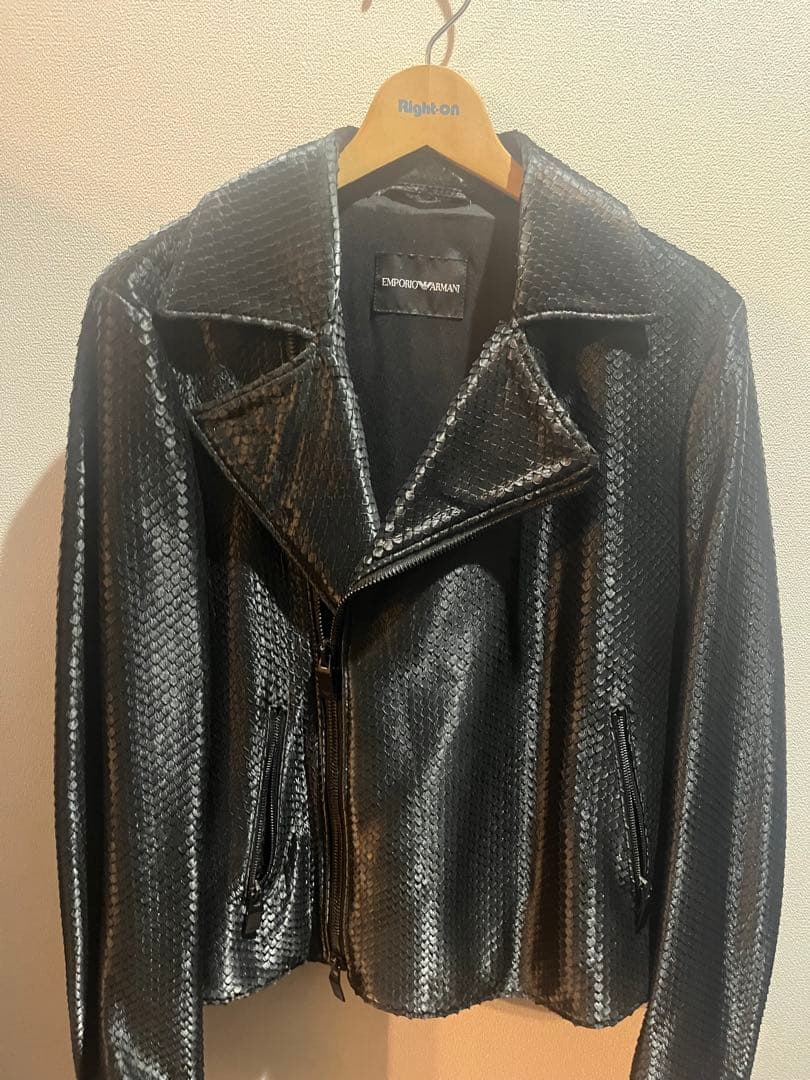 EMPORIO ARMANI ヘビ柄レザーライダースジャケット VTG 80s..EMPORIO ARMANI..LEATHER..CROPPED..BLACK..MOTORCYCLE