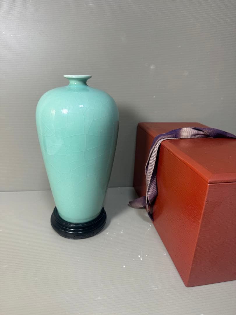 2594 青磁　花瓶　花台付　時代物 2594 青磁 花瓶 花台付 時代物