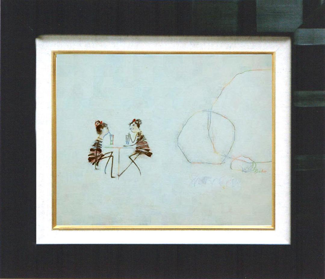 油絵 菅家令子 絵 絵画インテリア額付(青緑＋金色の枠)F4-081714 女子