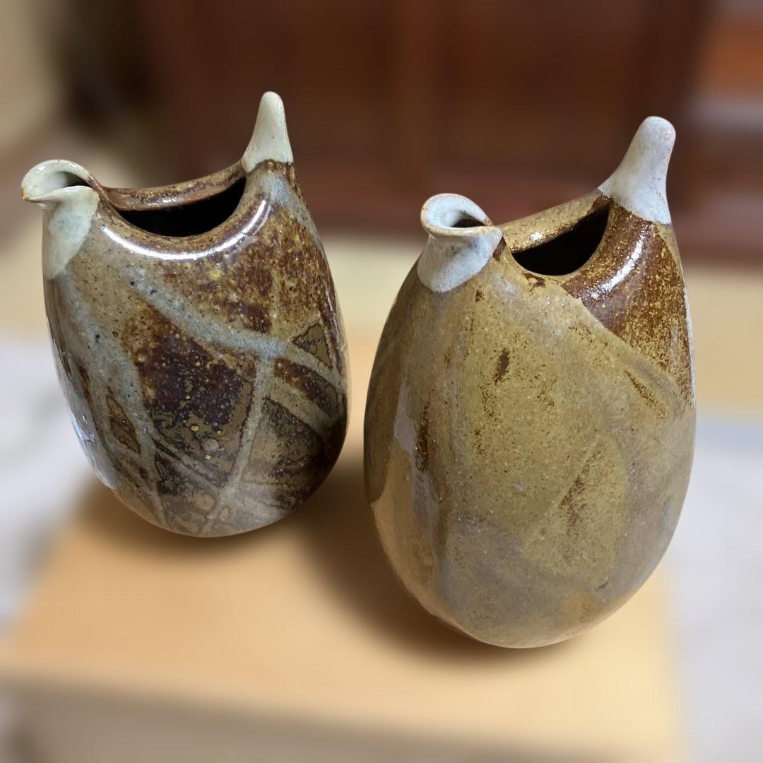 越中瀬戸焼★「庄楽窯」釋永由紀夫 造★『雷鳥 徳利』一対★未使用　専用箱有り 越中瀬戸焼☆「庄楽窯」釋永由紀夫 造☆『雷鳥 徳利』一対☆未使用