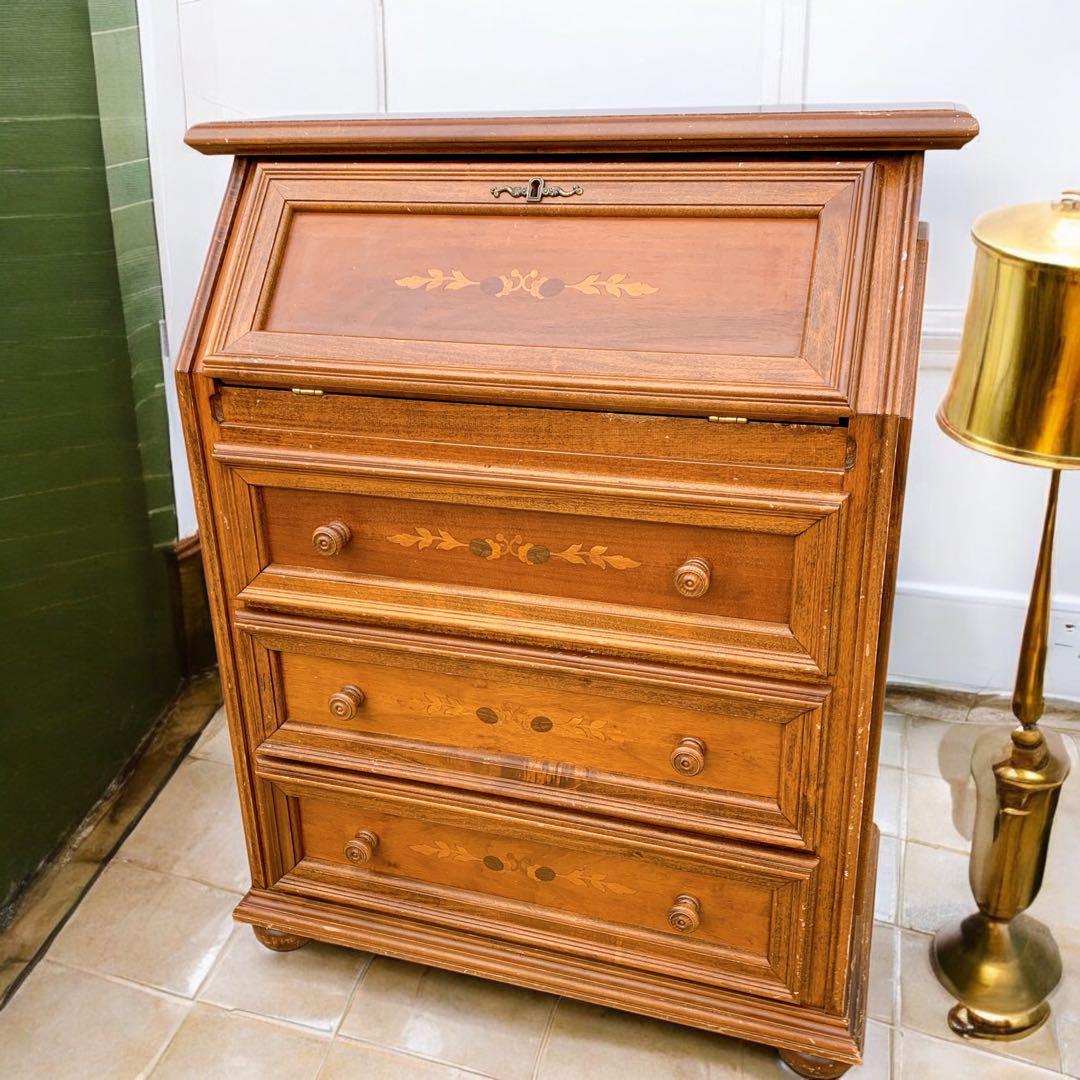 【稀少家具】イタリア 象嵌ライティング ビューロー レトロ机 木製 デスク hokuo_601-277